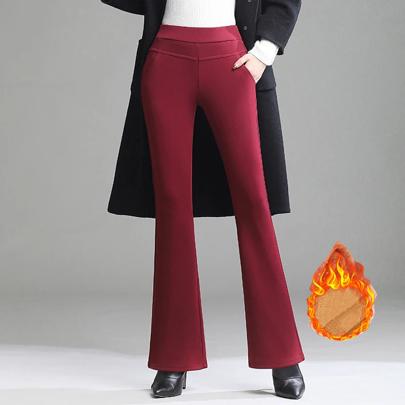 Warm Women Winter Flare Pants Thicken Fleece Trousers Female Black Blue Red High Waist Stretch Pants Warm Velvet Legging S-4XL