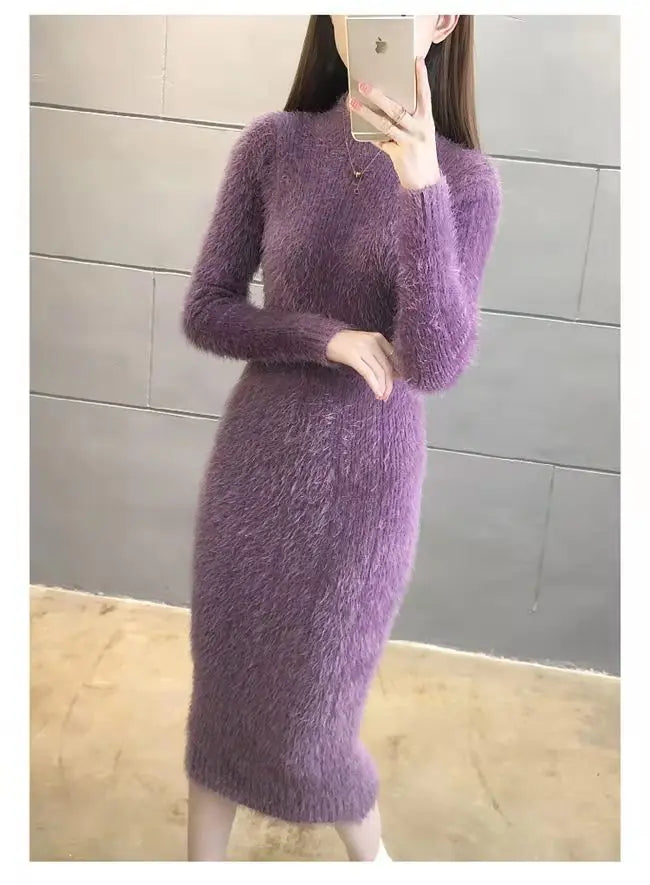 Women's Winter Clothing 2024 Imitation Mink Wool Thick Warm Turtleneck Sweater Dress Sheath Bodycon Dresses For Women Casual - Seprincess