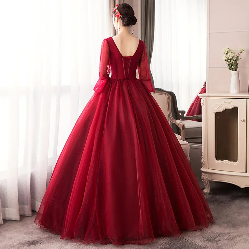 Y&M Novias New V Neck Long Sleeve Quinceanera 15 Years Vestidos De 15 Anos Mint Wine Red Turquoise Quinceanera Gowns Party Dress - Seprincess