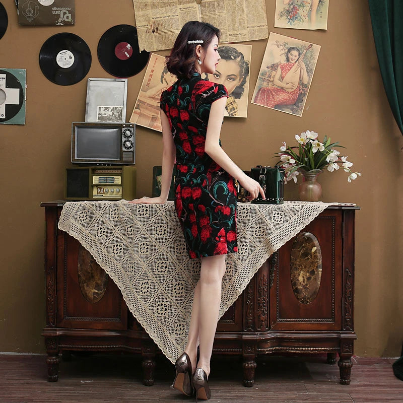 Black Red Nightingale Chinese Cheongsam Dress Stretch Cotton And Linen Chipao 5xl 4xl Sexy Traditional Vintage Qipao - Seprincess