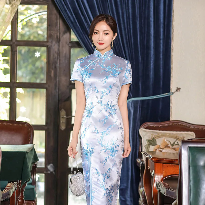 Summer New Women Sexy Cheongsam Elegant Vintage Mandarin Collar Chinese Dress Long Satin Flower Qipao Split Vestidso