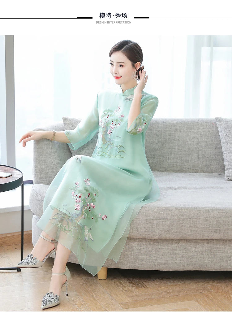 Chinese Styles Vintage Women Hanfu Midi Qipao Dresses China Traditional Elegant Cheongsam Tang Suit New Robe Orientale Clothing - Seprincess