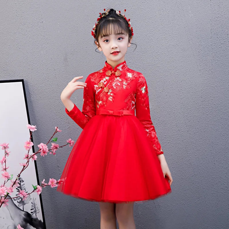 Cute Flower Girls Dresses Kids Chinese Embroidery Lace Cheongsam Dress Baby Girls Elegant Traditional Chinese New Year Dress