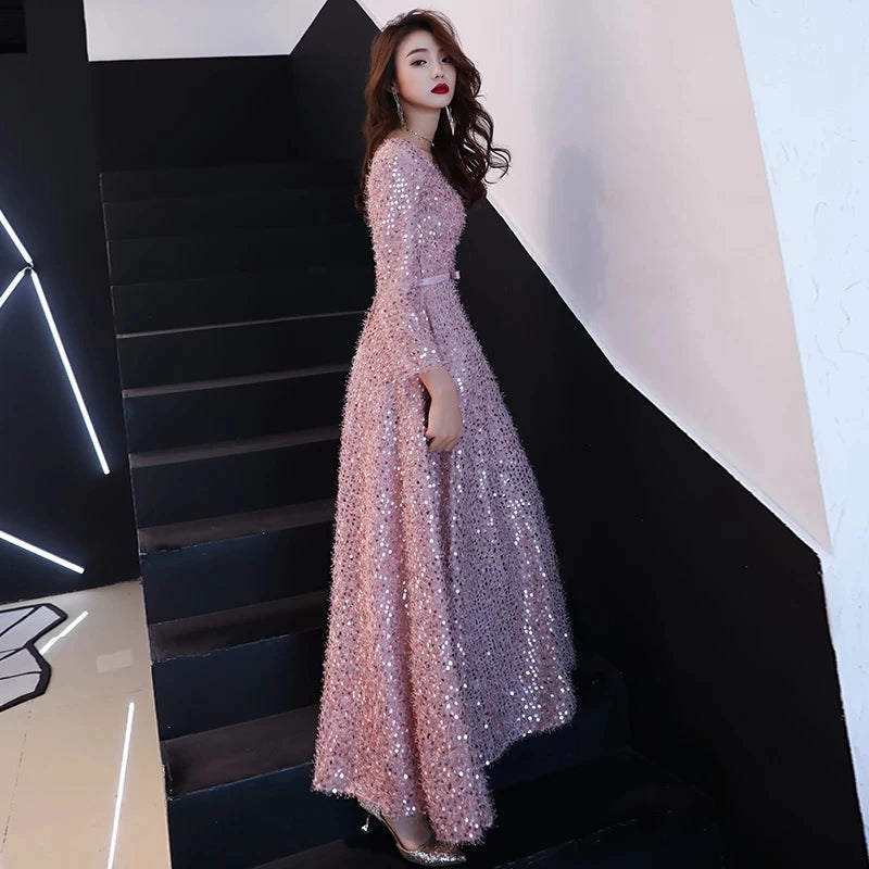 2024 Elegant Pink Feathers Long Evening Dress with Long-sleeve Shiny Sequin Lace Up Floor-Length Formal Gowns New Party Dresses - Seprincess