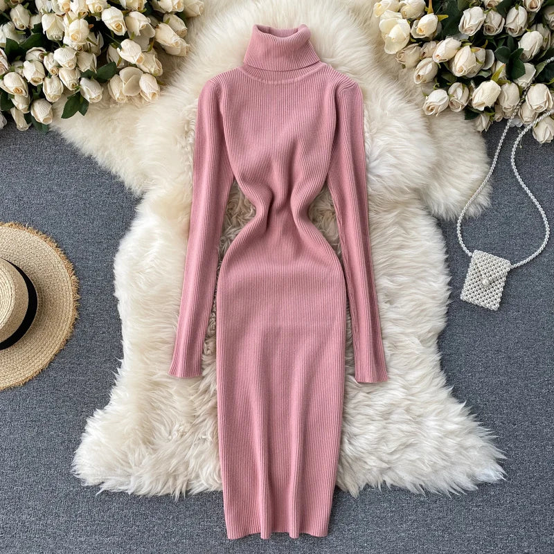 Dresses for Women 2022 Sexy Turtleneck Knitted Bodycon Dress Women Autumn Winter Long Sleeve Sweater Dress - Seprincess