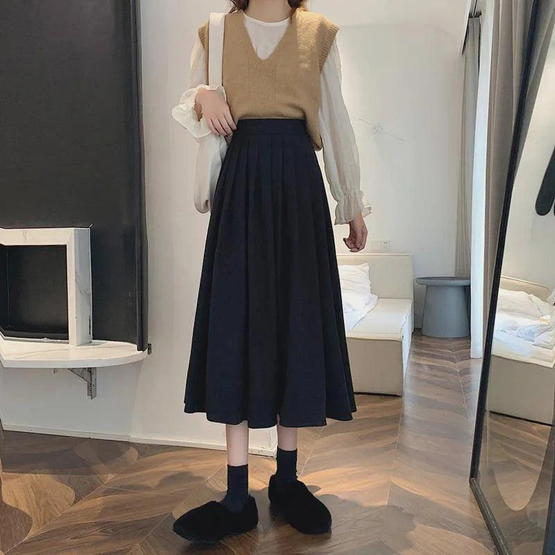 Lucyever Vintage Brown High Waist Pleated Skirt Women Korean Fashion College Style Long Skirt Ladies Autumn Casual A line Skirts