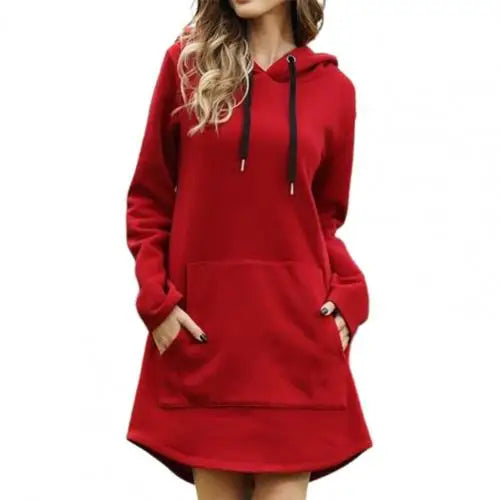 Hooded Hoodie Women Dresses 2021 Autumn Winter Solid Color Drawstring Large Pocket Irregular Hem Hooded Dress - Seprincess