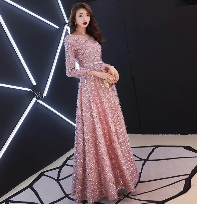 2021 Elegant Pink Feathers Long Evening Dress with Long-sleeve Shiny Sequin Lace Up Floor-Length Formal Gowns New Party Dresses - Seprincess