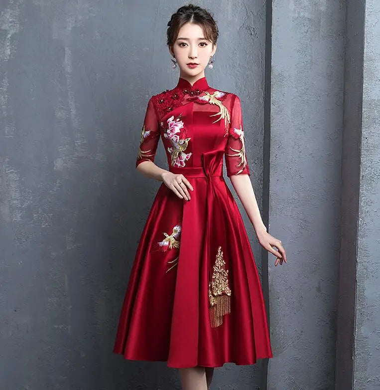 Buegundy Embroidery Oriental Style Banquet Dresses Chinese Vintage Traditional Wedding Cheongsam Elegant Evening Party Gowns - Seprincess