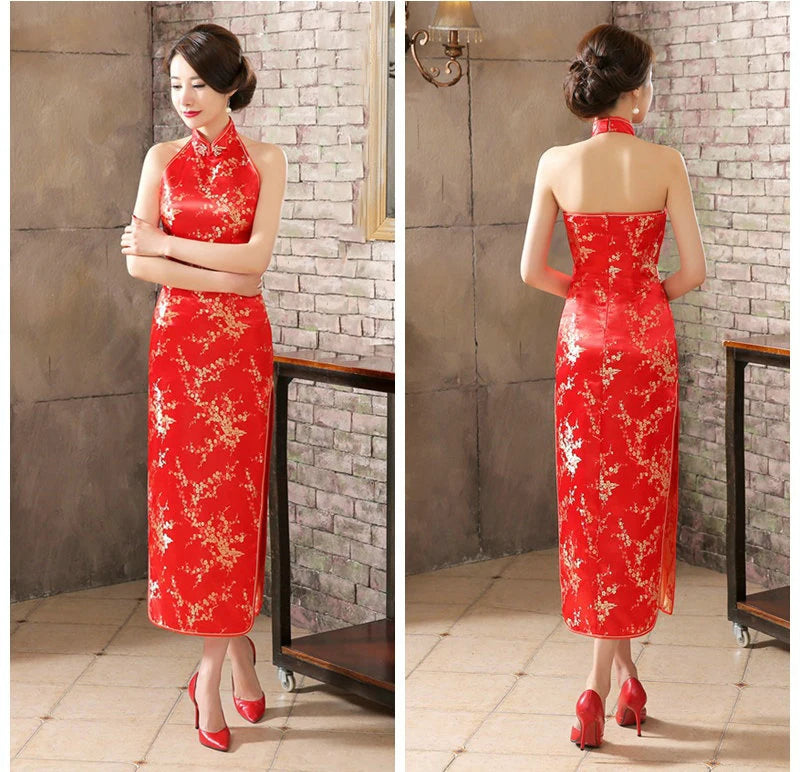 Navy Blue Mandarin Collar Women Chinese Dress Backless Long Satin Qipao Vintage Button Sexy Cheongsam Novelty Stage Show Clothes - Seprincess