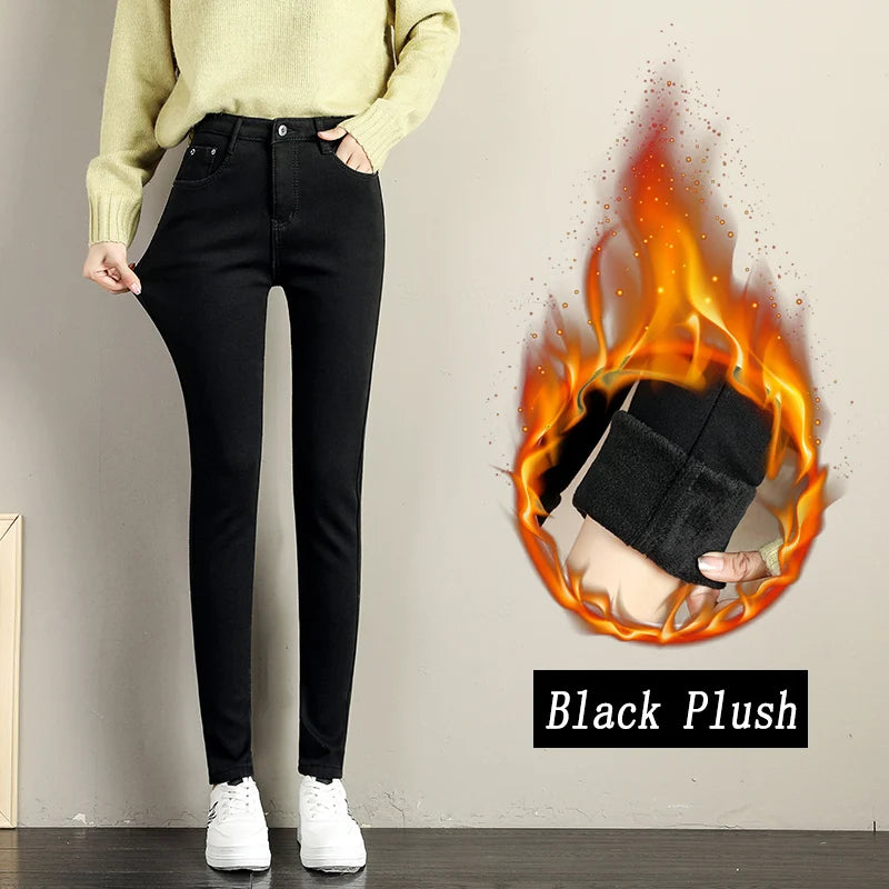 Women Stretch High Waist Skinny Warm Thick velvet Jeans Lady Mom Cotton Pants Student Winter Pencil Trousers clothes 38 40