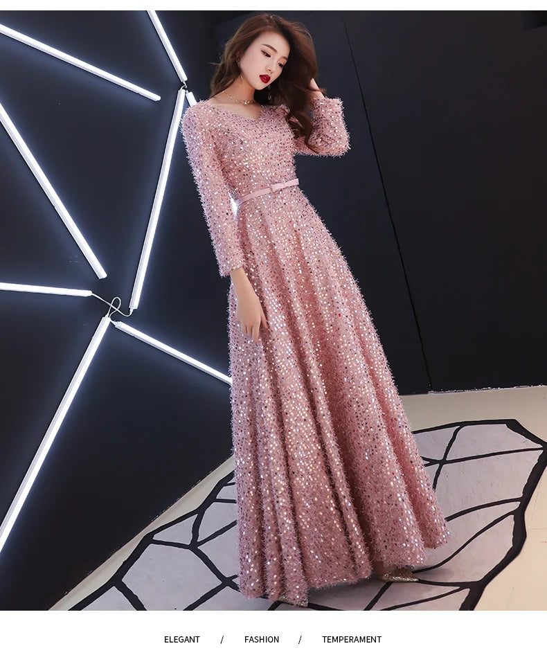 2021 Elegant Pink Feathers Long Evening Dress with Long-sleeve Shiny Sequin Lace Up Floor-Length Formal Gowns New Party Dresses - Seprincess