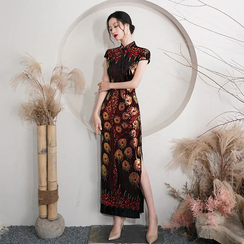 Elegant Lady Sequins Qipao Sexy Cheongsam Classic Mandarin Collar Chinese Dress Velvet Size 5XL Evening Party Vestidos - Seprincess