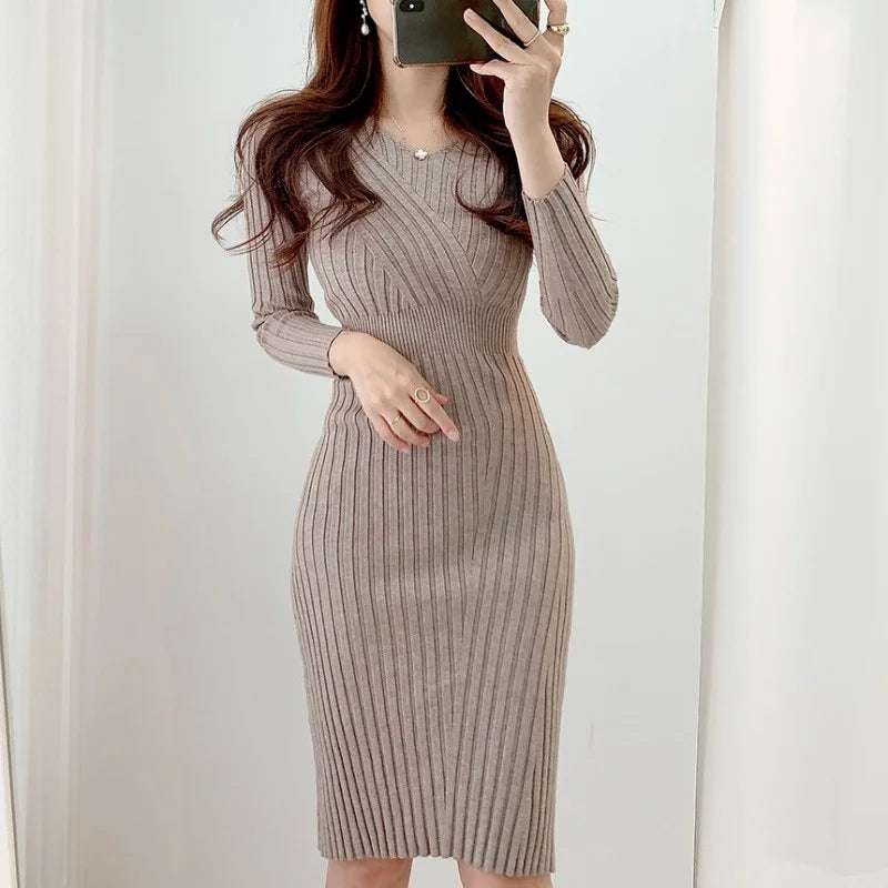 Vintage Long Sleeve Knitted Dresses for Women Party Robe Female Autumn 2021 Retro V-neck Bodycon Dress Korean Slim Waist Vestido - Seprincess