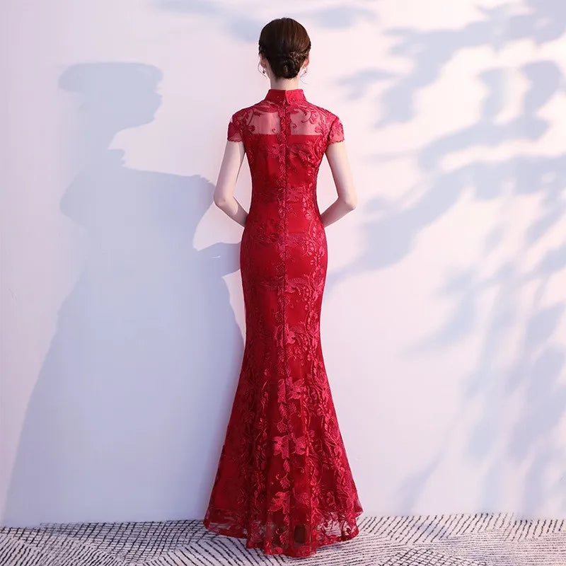 Lace Mermaid Chinese Style Lady Cheongsam Long Tight Elegant Dress Big Size 3XL Vestidso Vintage Red Bride Wedding Qipao S-203 - Seprincess