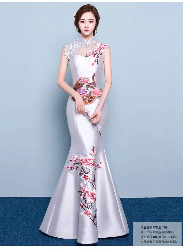 Oriental Evening Dress Chinese Style Fashion Peacock Embroidery Qipao Sexy Long Mermaid Cheongsams Vestidos S-XXL - Seprincess