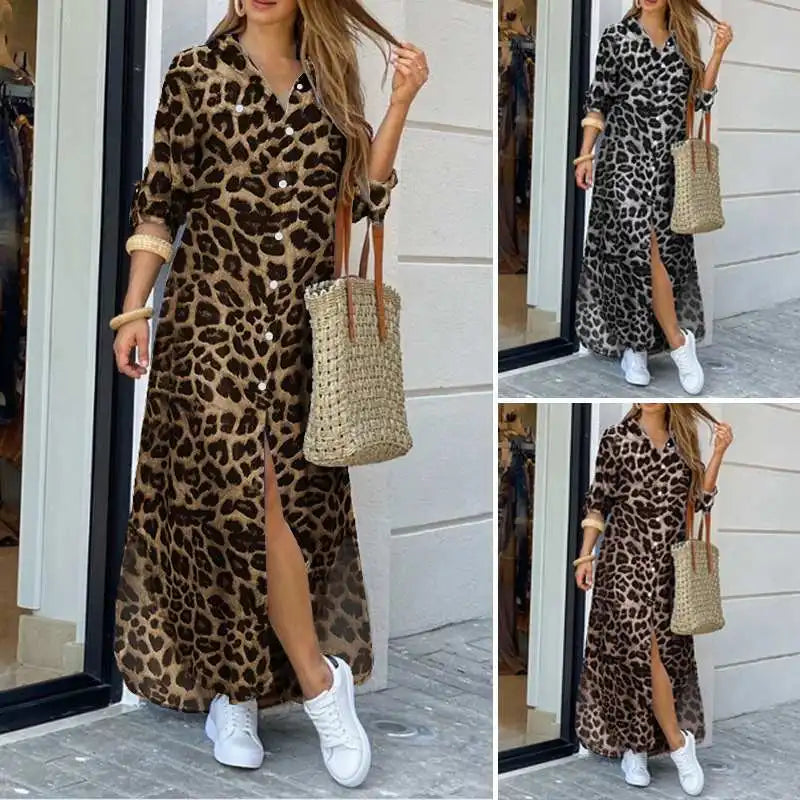 ZANZEA Party Vintage Leopard Robe 2023 Autumn Casual Long Sleeve Maxi Long Vestidos Dress Fashion Oversized Women Shirt Sundress - Seprincess