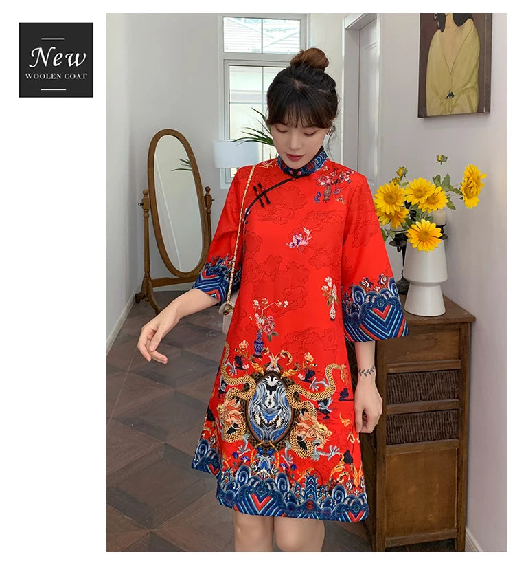 Ins Red Blue Loose 2021 New Fashion Modern Chinese Cheongsam A-line Dress Women 3/4 Sleeve Qipao Traditional Chinese Clothes - Seprincess