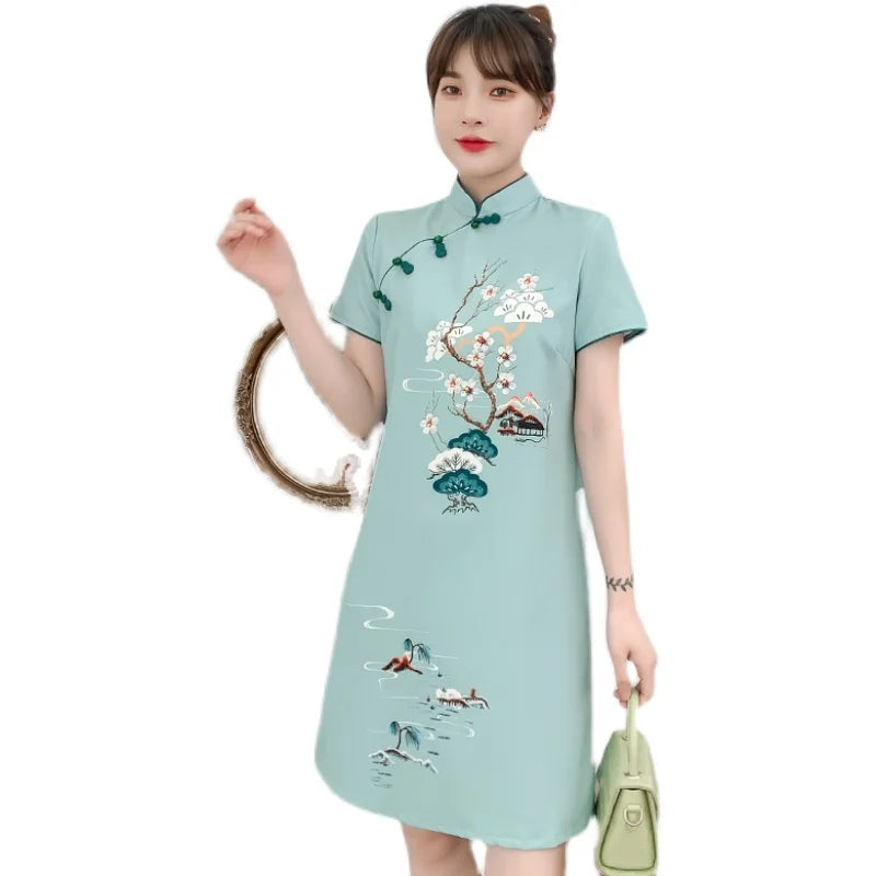 Plus Size M-4XL 2021 New Blue Loose Fashion Modern Cheongsam Dress Women Short Sleeve Qipao Traditional Chinese Style Clothes - Seprincess