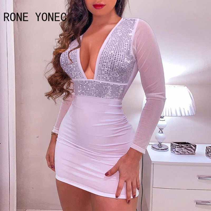 Women Solid Sexy Deep V Neck Rhinestone Long  Sleeves Mesh Patchwork Bodycon Mini Sexy Party White Dresses - Seprincess