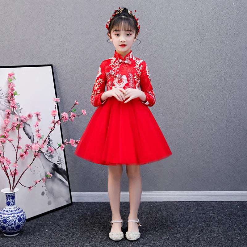 Cute Flower Girls Dresses Kids Chinese Embroidery Lace Cheongsam Dress Baby Girls Elegant Traditional Chinese New Year Dress