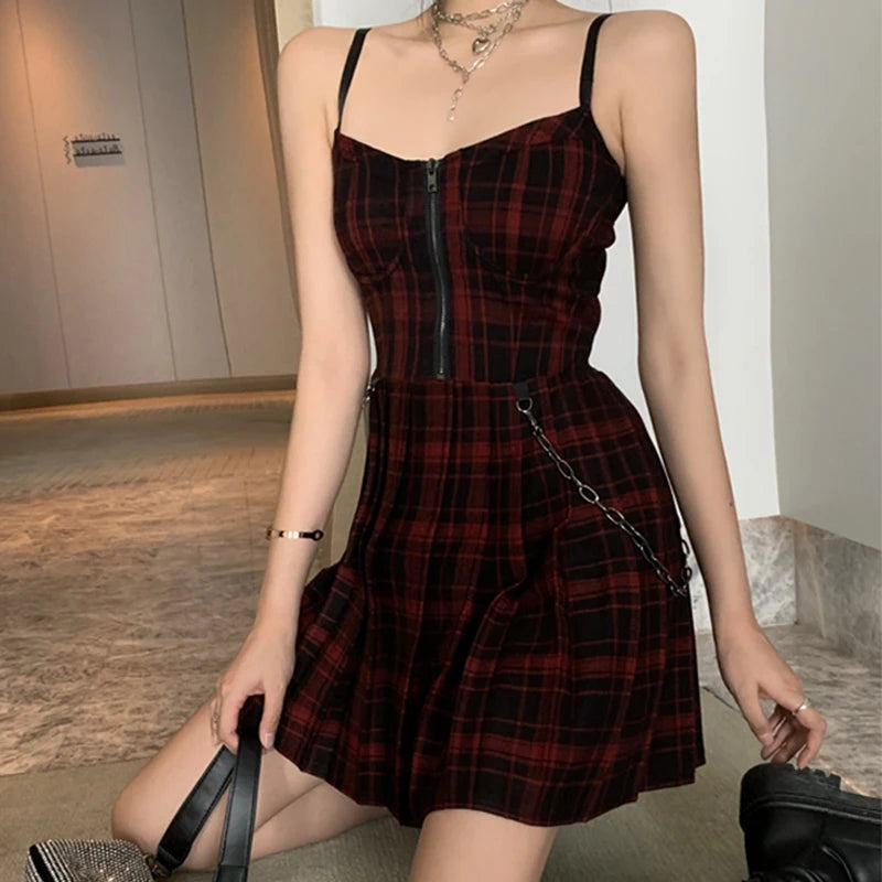 Gothic Girls Red Plaid Pleated Emo Alt Dress Y2K Zip Up Robe Femme Punk Black Spaghetti Strap Mini Short Jurken Goth Streetwear - Seprincess