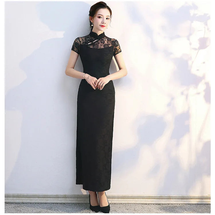 Lace Floral Perspective Collar Qipao Sexy Long Women Cheongsams Big Size 3XL 4XL 5XL Chinese Dress Grace Evening Party Vestidos - Seprincess