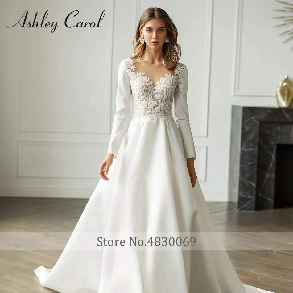 Ashley Carol Long Sleeve Wedding Dresses For Women 2024 Satin Beading Button Princess Sexy A-Line Wedding Gown Vestidos De Novia - Seprincess