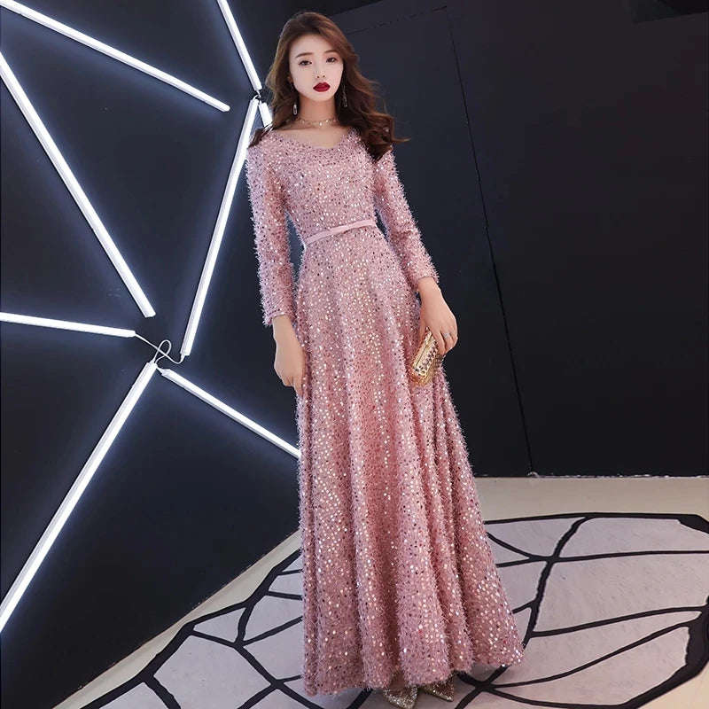 2024 Elegant Pink Feathers Long Evening Dress with Long-sleeve Shiny Sequin Lace Up Floor-Length Formal Gowns New Party Dresses - Seprincess