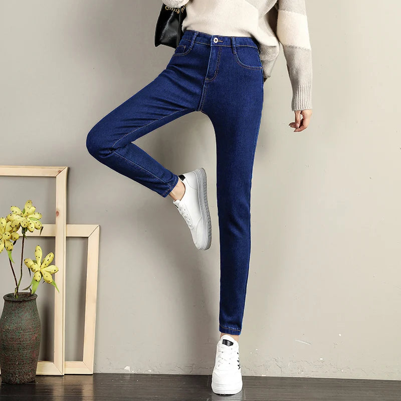 Women Stretch High Waist Skinny Warm Thick velvet Jeans Lady Mom Cotton Pants Student Winter Pencil Trousers clothes 38 40