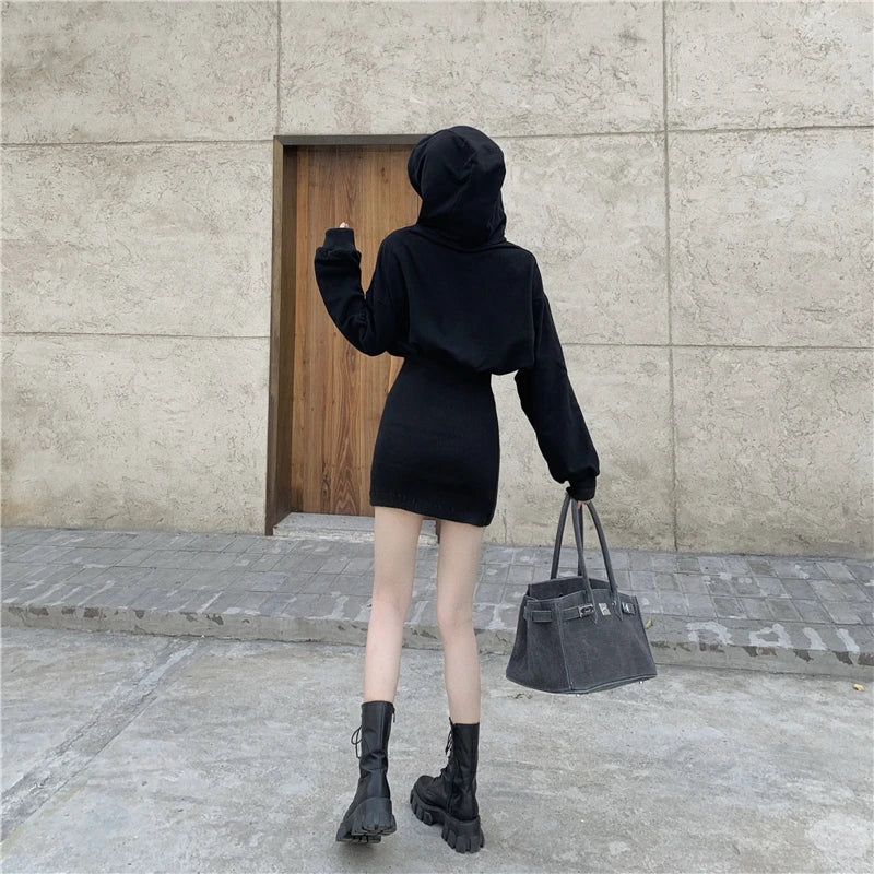 Hoodies Sweatshirt Knitted Dress Mini Black Long Sleeve Cotton Winter Vestido Corto Casual Korean Harajuku Fall 2020 Robe Femme - Seprincess