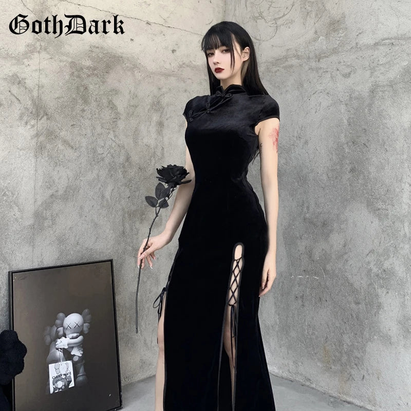 Goth Dark Romantic Gothic Velvet Aesthetic Dresses Vintage Women Black Bandage SlitHem Bodycon Dress Sexy Evening Wear Cheongsam