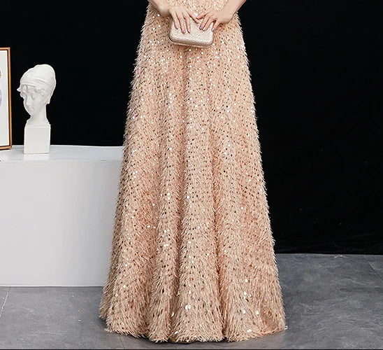 2024 Elegant Pink Feathers Long Evening Dress with Long-sleeve Shiny Sequin Lace Up Floor-Length Formal Gowns New Party Dresses - Seprincess