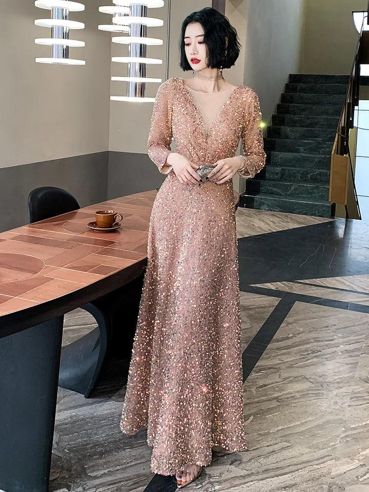 FDHAOLU FU90 Sequined Long Sleeves Evening Dress O Neck Glitter Prom Dresses Plus Size Elegant Floor Length Vestido de noiva - Seprincess