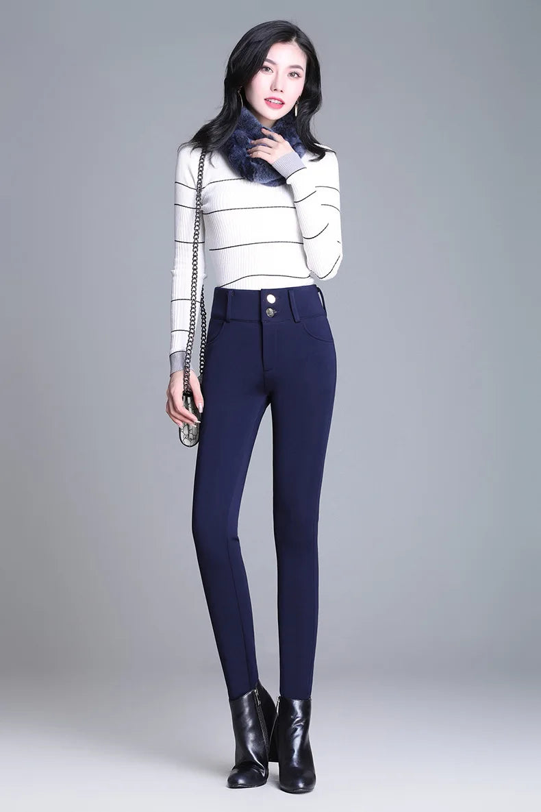 Winter Velvet Thick Warm Pants For Women Skinny Stretch Fleece Pencil Pants High Waist Solid Black Blue Trousers Female