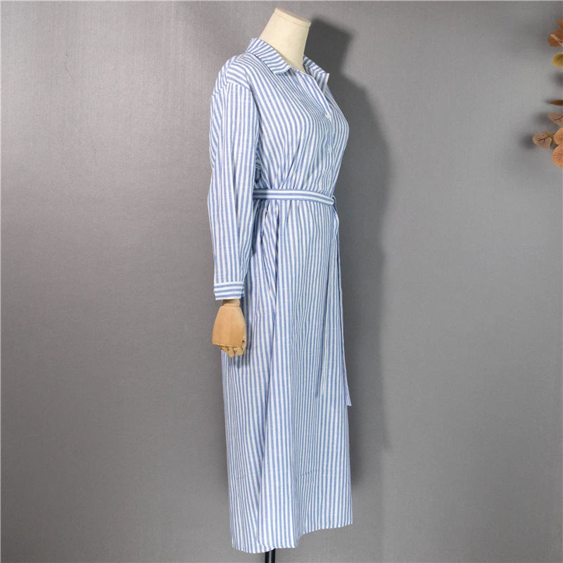 Colorfaith DR2268 2023 New Striped Lace Up Cotton and Linen Shirt Dress Spring Summer Women Korean Fashion Chic Long Dresses - Seprincess