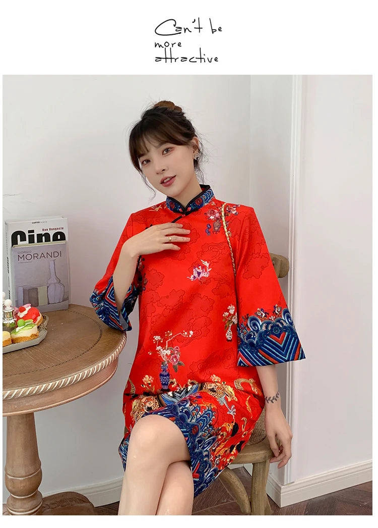 Ins Red Blue Loose 2021 New Fashion Modern Chinese Cheongsam A-line Dress Women 3/4 Sleeve Qipao Traditional Chinese Clothes - Seprincess