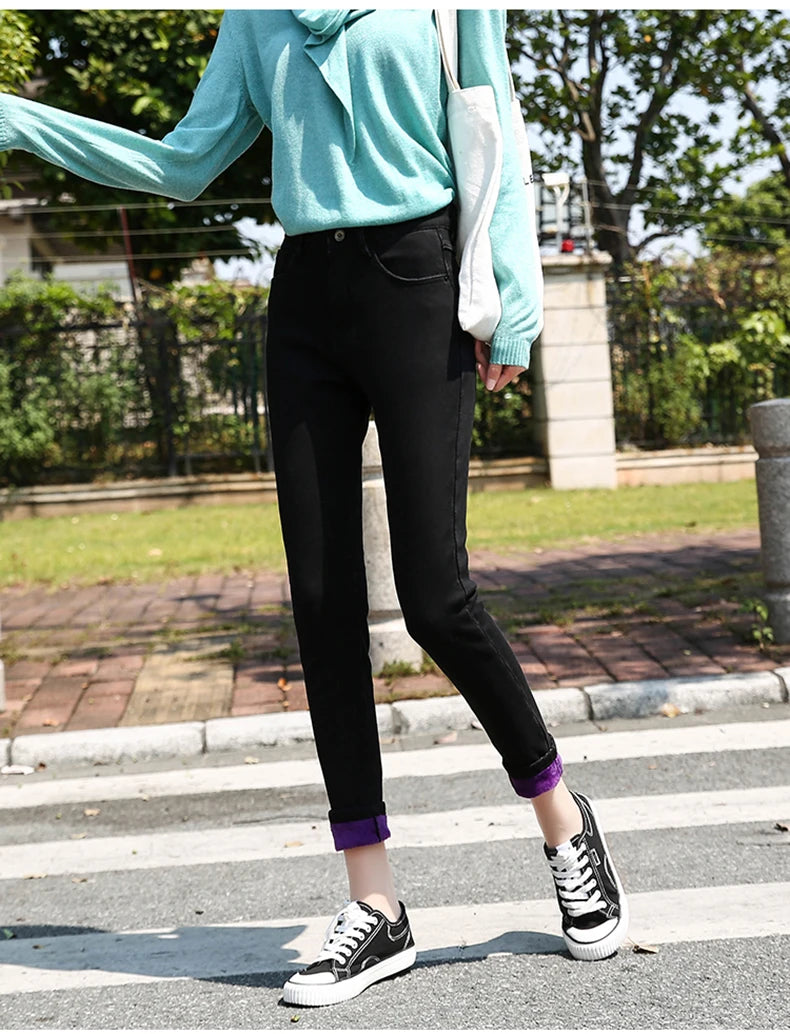 Clothes 26-40 winter women Colorful  velvet high waist jeans denim trousers stretch warm pencil pants thick skinny jeans