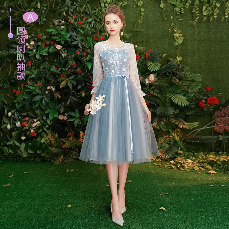 Gray Blue Bridesmaid Dresses For Women Elegant Half Sleeve Wedding Guest Dress Tulle Tea-Length Girl Vestido De Festa - Seprincess