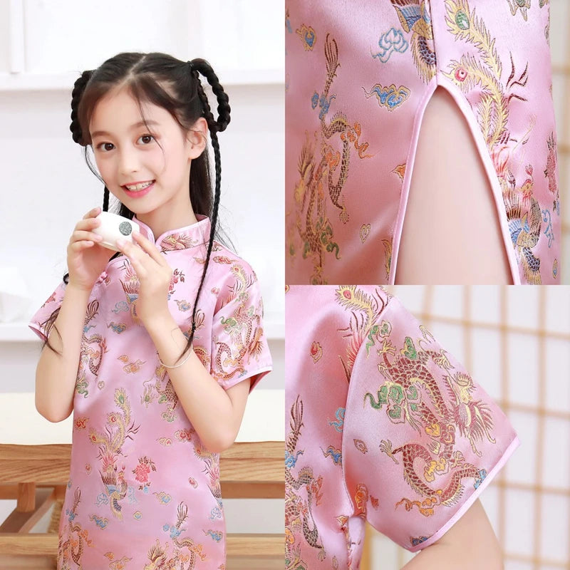 Lovely Girls Silky Satin cheongsam Dress Cute Princess Girls Dresses Kids Party Ball Gown Dress New Year cheongsam Clothing - Seprincess