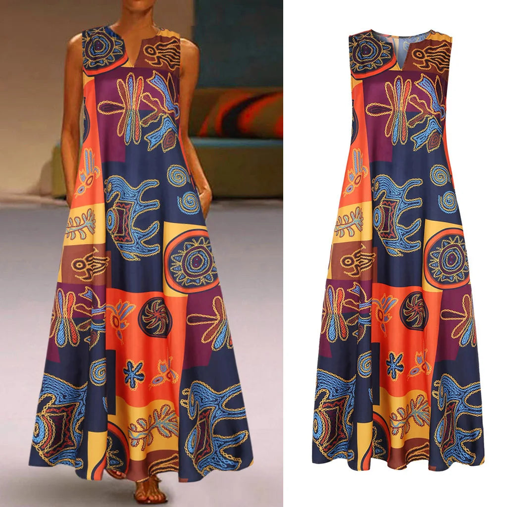 Summer Bohemian Sundress Vintage Sleeveless Women Floral Printed Maxi Long Dress Casual Dress Robe Femme Party Vestido Sarafans