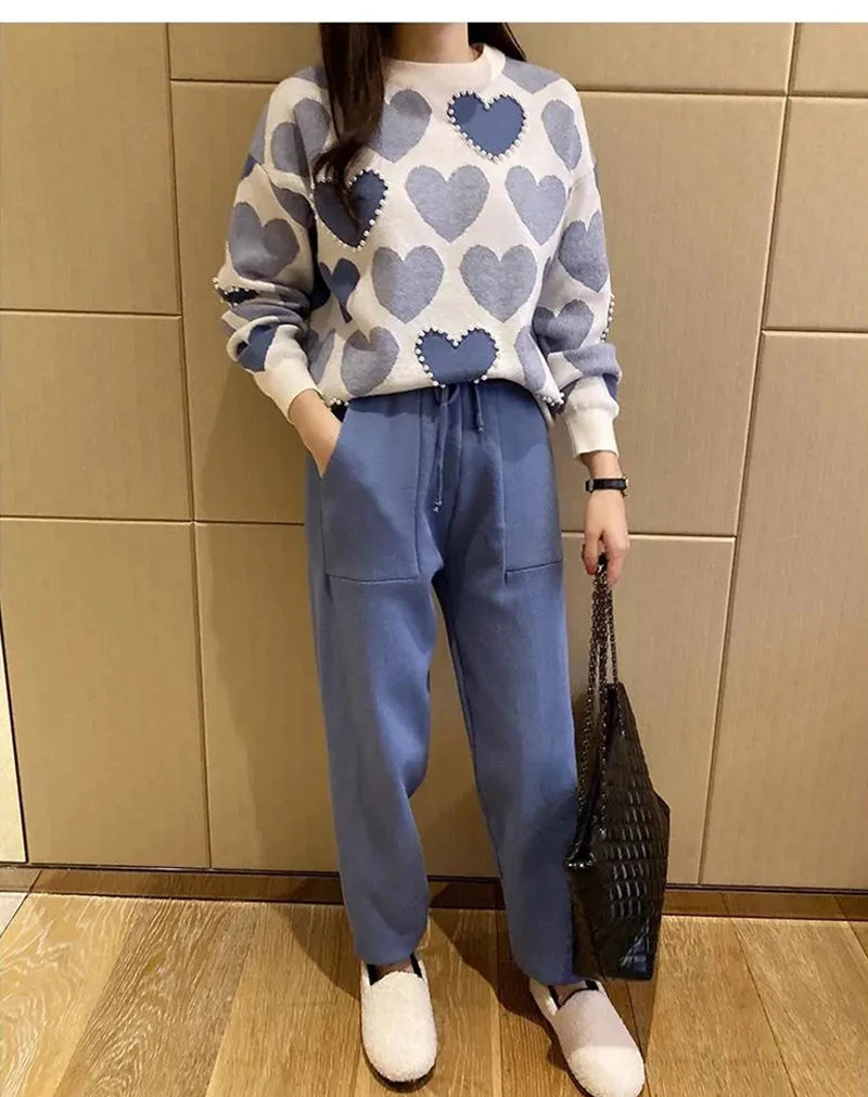 Love Printed Knit Two Peice Set Women Long Sleeve Sweater Pullover Tops Suits  Casual Jogger Pants Conjunto Knitwear Korean Sets - Seprincess