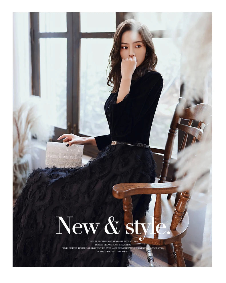 wei yin AE0349 Black Elegant Velvet Long Prom Evening Dresses 2024 Long Sleeves Lace Formal party Gowns Srobe de soiree - Seprincess