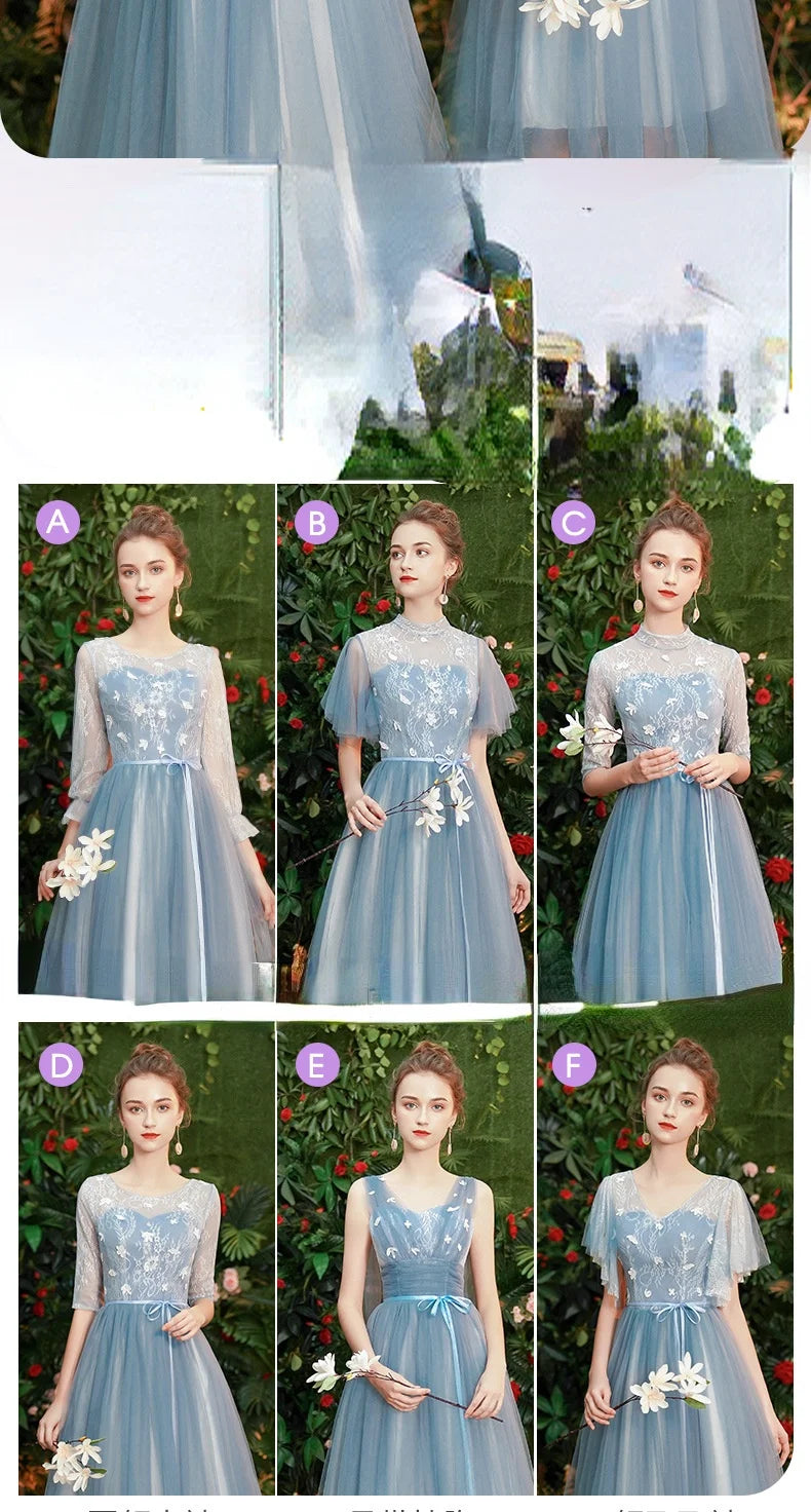 Gray Blue Bridesmaid Dresses For Women Elegant Half Sleeve Wedding Guest Dress Tulle Tea-Length Girl Vestido De Festa - Seprincess