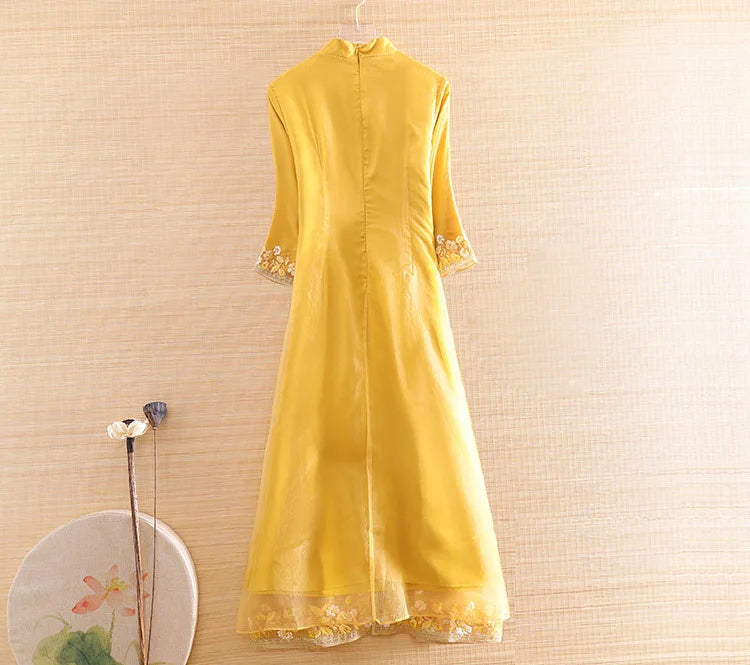 Hi-end Spring Autumn  Women Organza Cheongsam Dress Embroidery Slim Elegant Lady Chinese Style A-line Party Qiapo Dress S-XXL - Seprincess