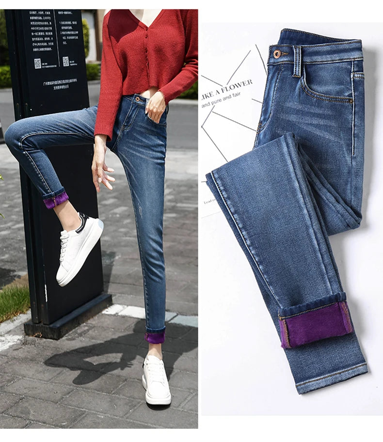 Clothes 26-40 winter women Colorful  velvet high waist jeans denim trousers stretch warm pencil pants thick skinny jeans