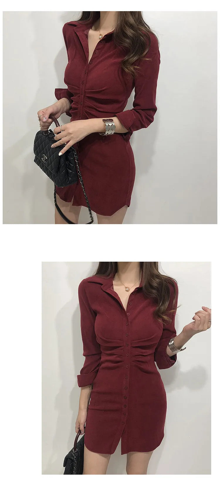 Dresses for Women French Retro Shirt Tight Bottoming Dress Female Autumn and Winter Slim Package Hip Single-breasted Pure Dress - Seprincess