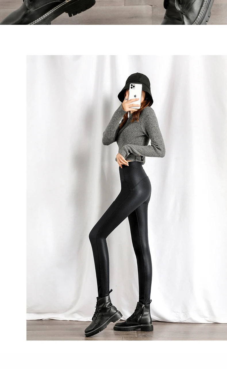 BIVIGAOS Autumn Winter Black Fleece Matte Leather Leggings Women High Waist  Sexy Motorcycle Pants Slim Skinny Warm Leggings