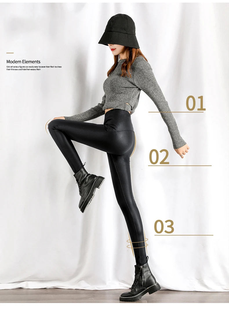 BIVIGAOS Autumn Winter Black Fleece Matte Leather Leggings Women High Waist  Sexy Motorcycle Pants Slim Skinny Warm Leggings