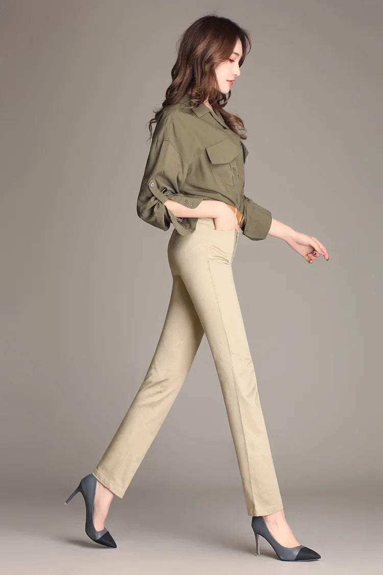 Women Straight-leg Pants 100% Cotton White Black Khaki Blue Stretch Slimming Fit Casual Plus Size S To 4XL Pencil Feet Trousers